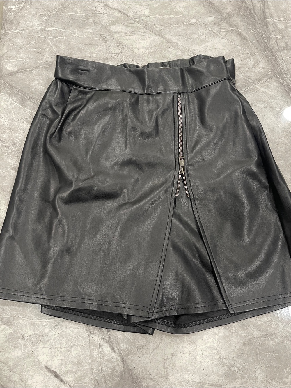 Black Faux Leather A-Line Shorts with Front Zip